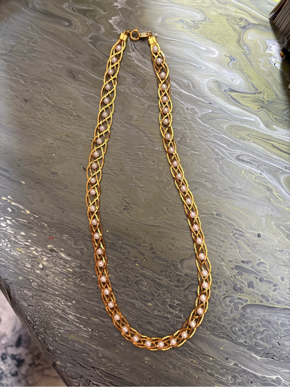 Vintage Avon Gold Pearl-Accented Woven Chain Necklace